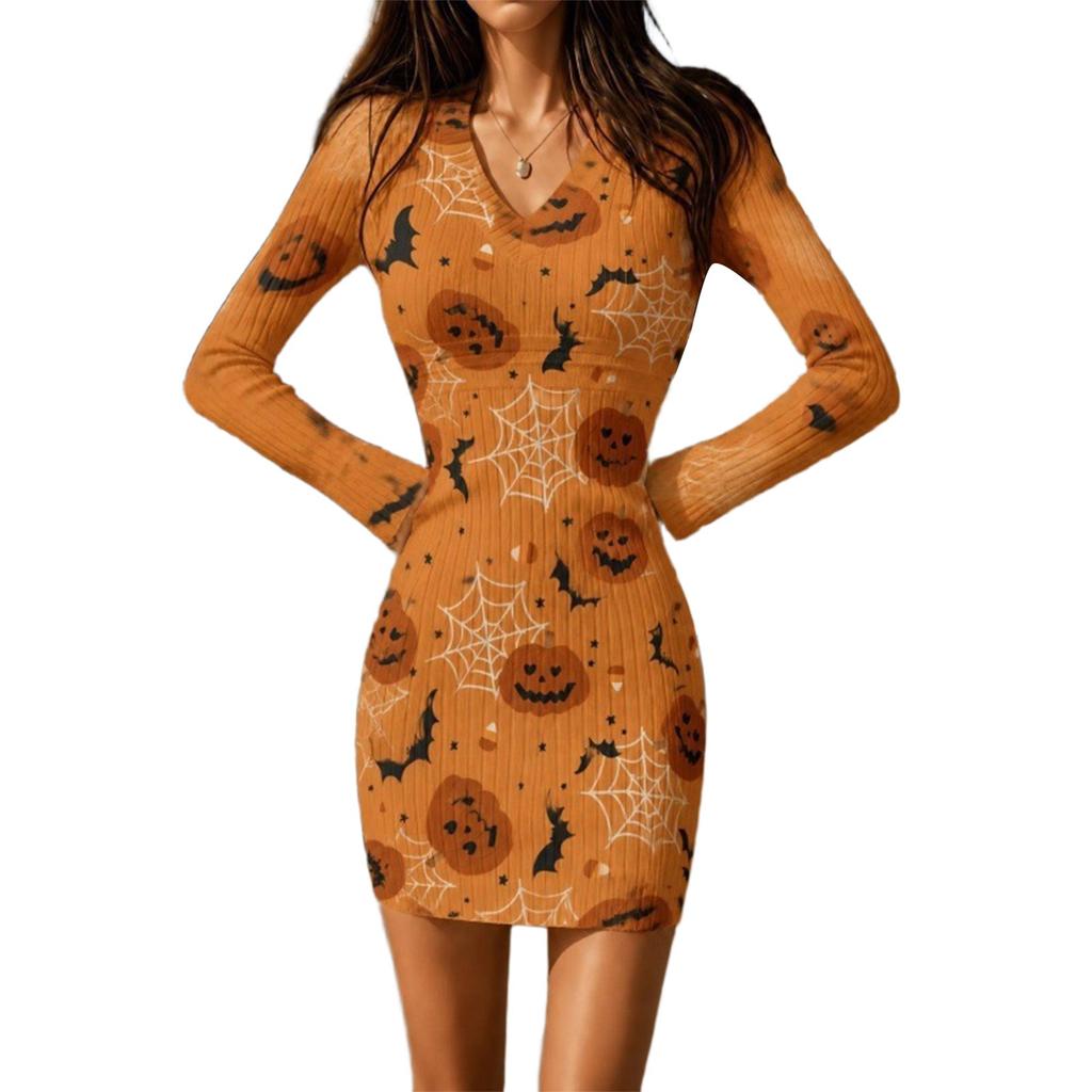 Women's Halloween Print Long Sleeve Neck Bodycon Sweatshirt Dress