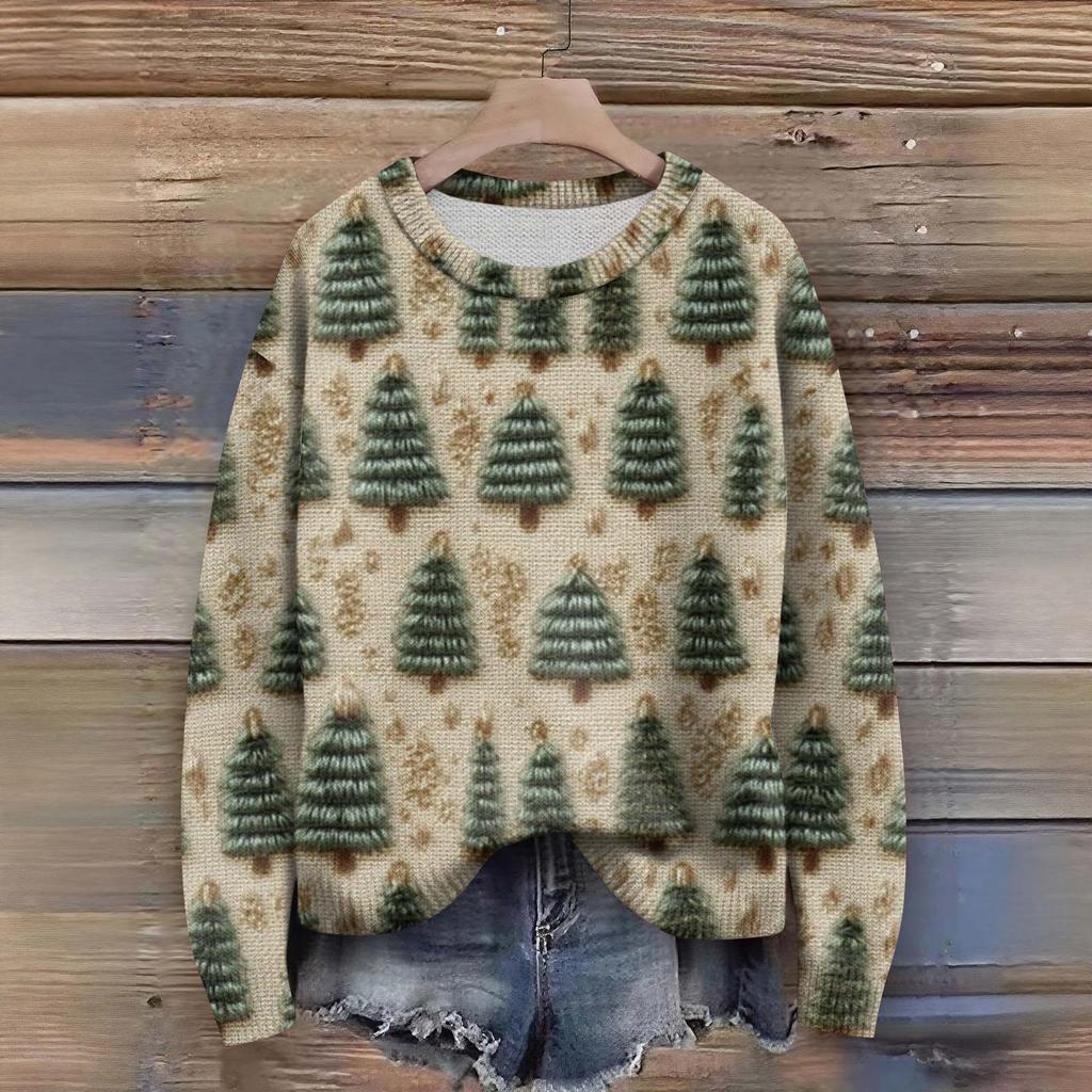 Long Sleeve Pullover Sweaters For Women O Neck Casual Cute Printing Knit Oversized Sweater