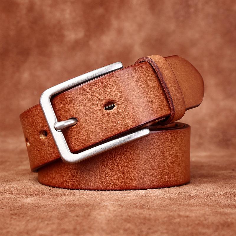 Belt Men's Matte Stainless Steel Buckle Genuine Cattlehide Leather Surface Retro Simple Fashion Trendy All-Matching Jeans Belt