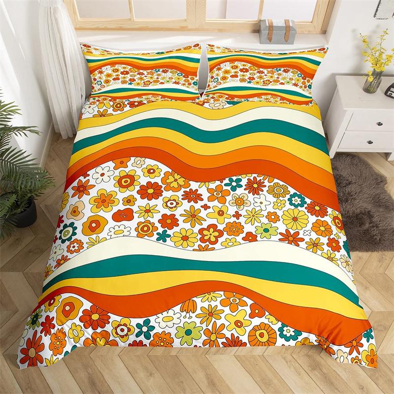 Retro 70s Hippie Style Duvet Cover Queen Microfiber Psychedelic Mushroom Bedding Set Room Decor Gifts Rainbow Floral Quilt Cover