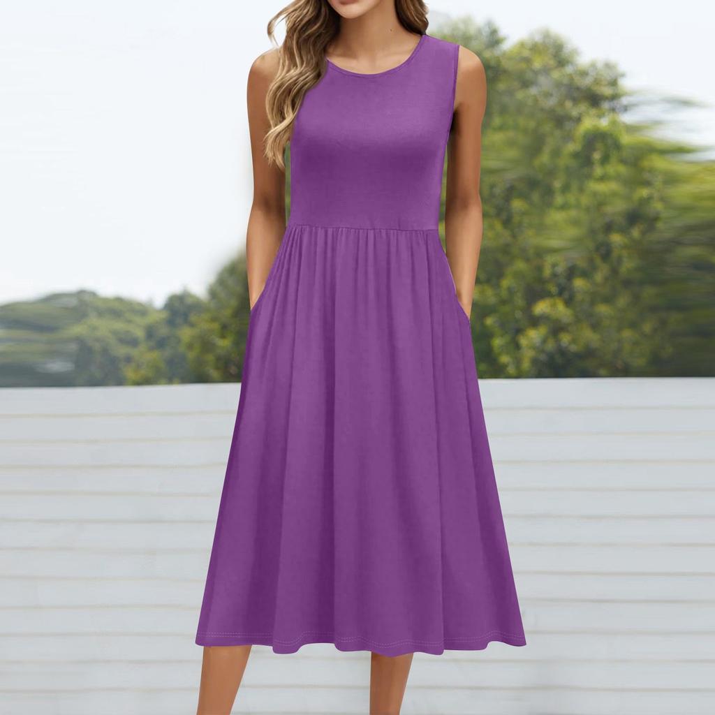 Женское модное однотонное платье без рукавов с круглым вырезом и карманом средней длины