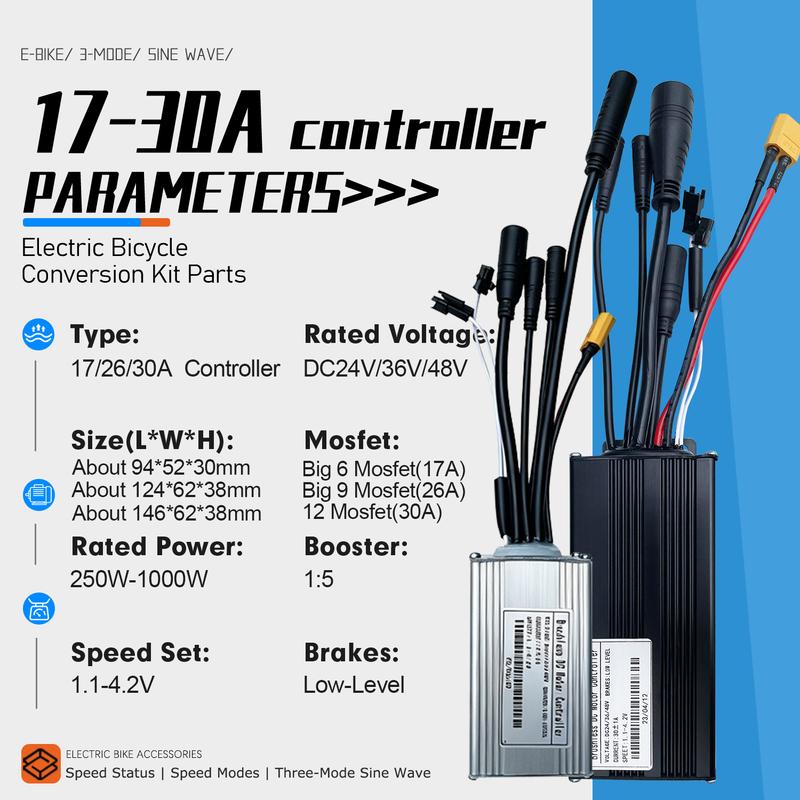 Electric Bike 17A 26A 30A BLDC Three-Mode Waterproof SineWave Controller 24V36V48V 250W750W1000W For Ebike Conversion Kit Parts