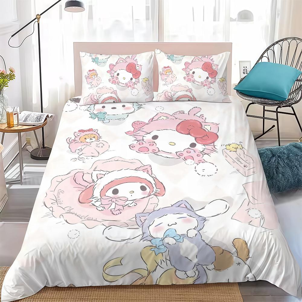Милый комплект постельного белья с друзьями Sanrio S-Sanrio, домашний стиль, мягкий хлопок для стирки, кровать, комплект из 3 предметов, подарок для студенческого общежития