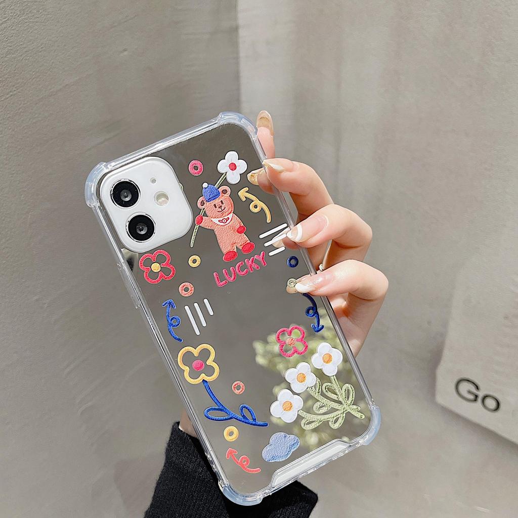 Чехол для телефона с мультяшным медведем: Совместимо с iPhone 16 Plus, Apple 15, Huawei P30/40, Honor 90. Зеркальный дизайн.