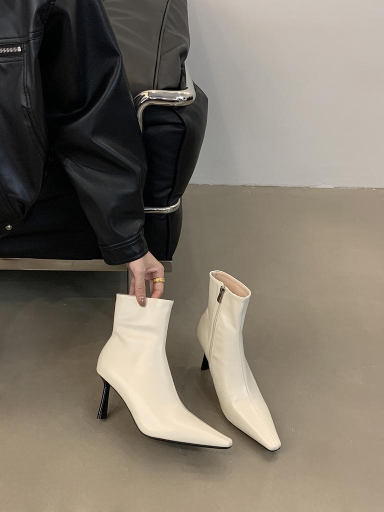 Модные женские ботильоны с острым носком, черные, бежевые, красные, с боковой молнией, тонкие, высокие каблуки, челси, ботфорты 2024 года, новые поступления, туфли-лодочки для вечеринок, обувь 39