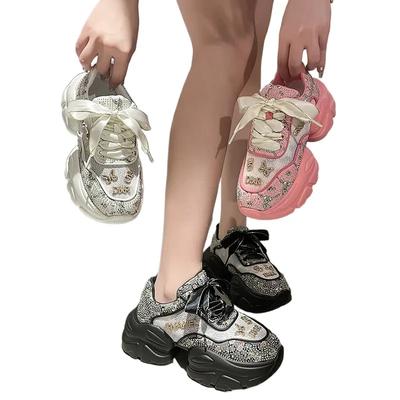 Модный дизайнерский бренд, роскошные туфли для папы со стразами, дышащая толстая подошва, повышенная, новая женская спортивная обувь, повседневная, универсальная, сетчатая шнуровка