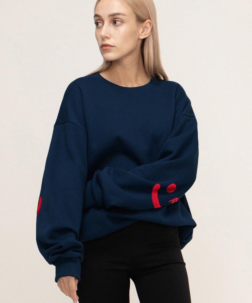 GRAVER [Unisex] Elbow Boucle Embroidery Smile Drawing Sweatshirt_Navy