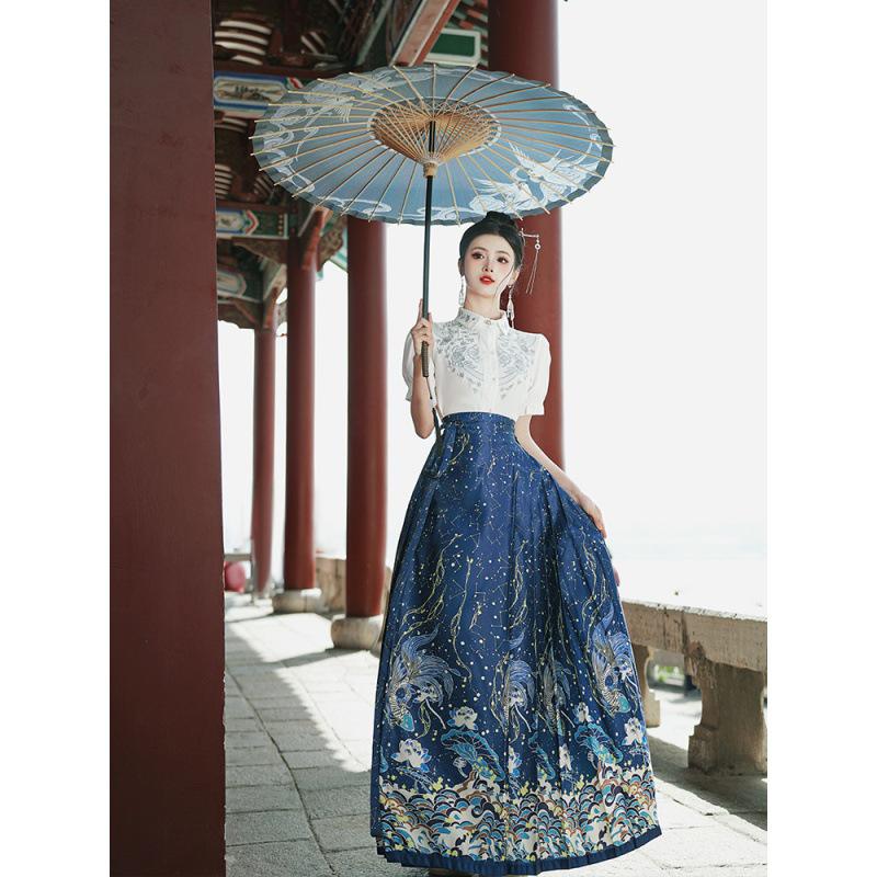 6521 Authentic Chinese Hanfu Embroidered Short-Sleeve Top & Starry Sky Satin Skirt Set