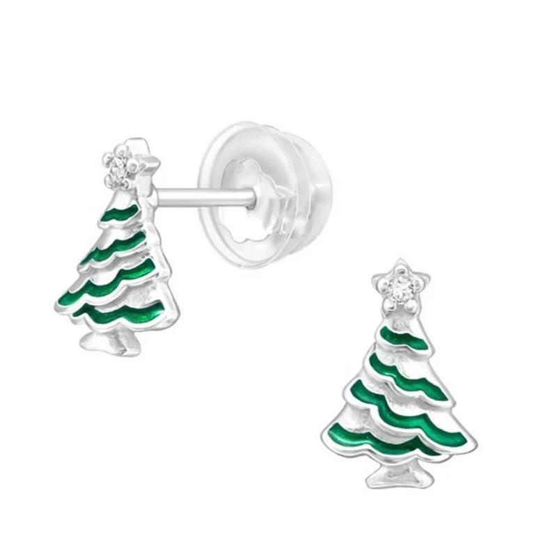 Серьги-гвоздики Huitan Chic Green Christmas Tree для девочек, милые аксессуары для прокалывания ушей с растительным принтом, ручная работа, женские украшения из зеленой эмали