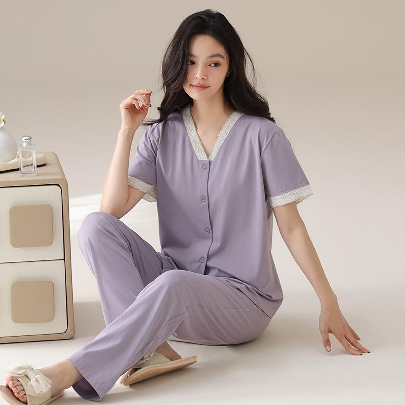 Cardigan pajamas women's summer pure cotton short-sleeved trousers can be worn outside summer women's elegant temperament loungewear suit