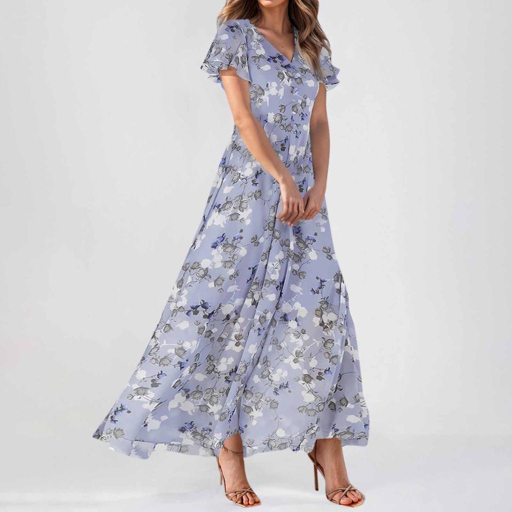 Женское свободное длинное платье с шифоновым цветочным принтом и короткими рукавами с рюшами и V-образным вырезом, модное струящееся платье с талией