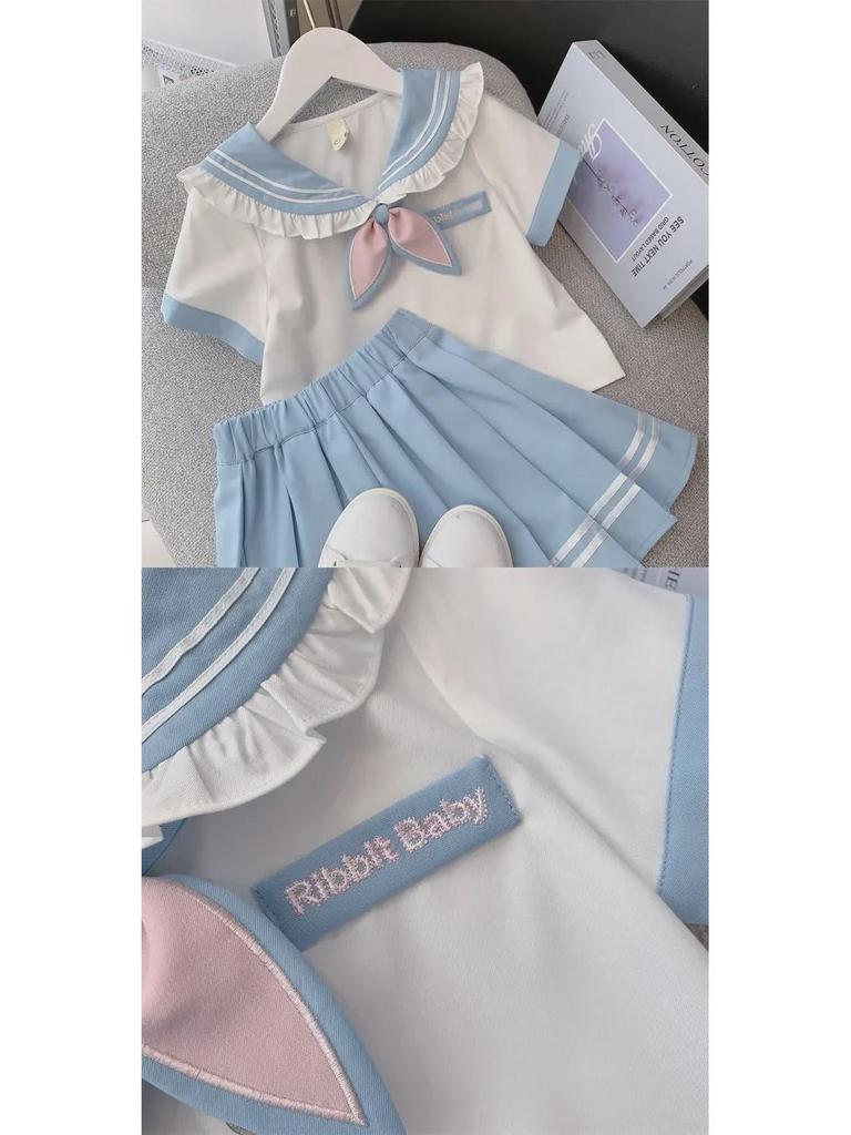 Корейский женский костюм в стиле JK с коротким рукавом для колледжа: Летний комплект из двух предметов: юбка в складку и рубашка для детей