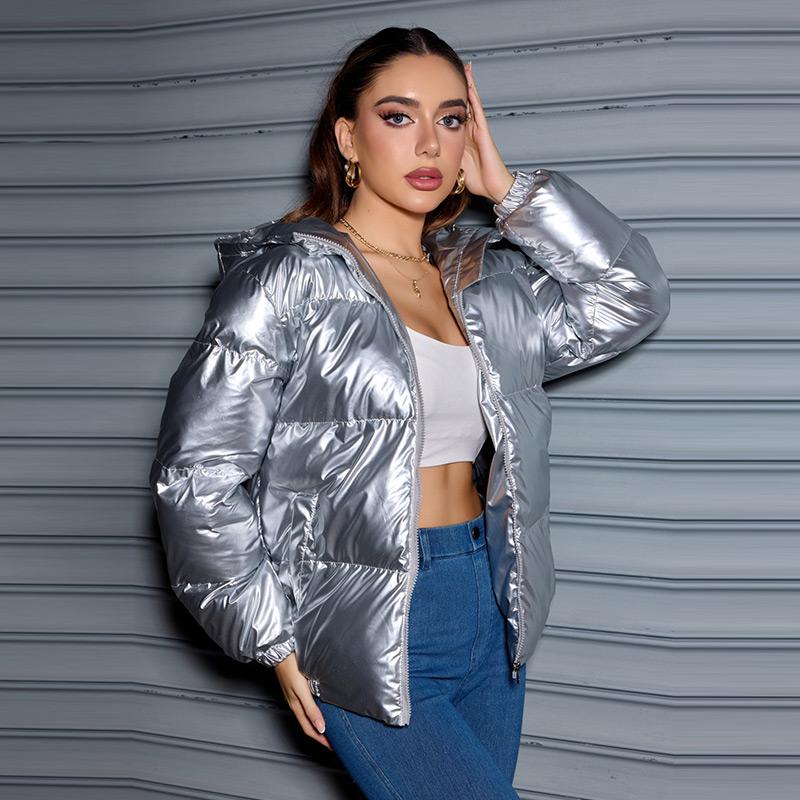 Зимняя модная блестящая куртка-пуховик с капюшоном для женщин с длинным рукавом, однотонная, облегающая, теплая, хлопковая куртка-парка