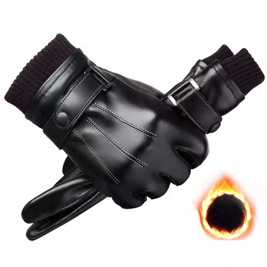 Кожаные перчатки Мужские Осенние и Зимние Бархатные Утолщенные Теплые Ветрозащитные и Водонепроницаемые Сенсорные Уличные для Катания на Мотоцикле Хлопковые Перчатки