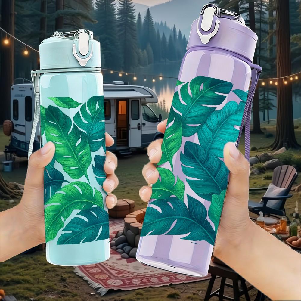 1PC Tropical Monstera Leaf 750ml Color Plastic Sports Water Bottle Leakproof Flip Straw Lid Suitable for Sports Office Home Use