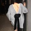 New Deep V-neck Long Sleeved Big Bow Tie Sweater Women Autumn and Winter Lace-up Elegant Backless Knitwear Loose Top Simple Sweet Women Clothing