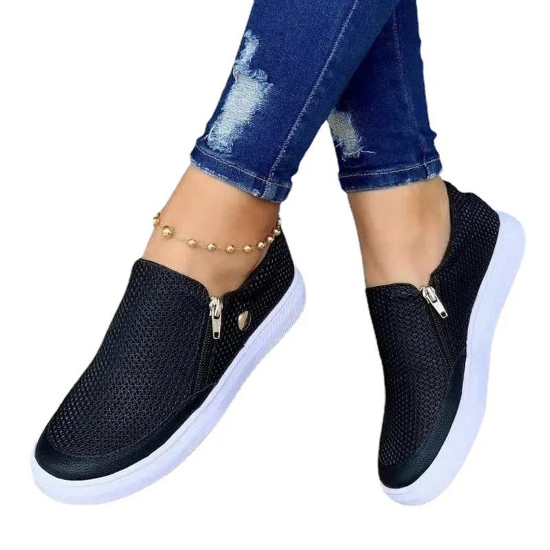 Women Shoes 2024 Fashion Round Toe Flats Loafers Female Slip On Zipper Casual Shoes Autumn Fashion Female Moccasins Plus Size 43