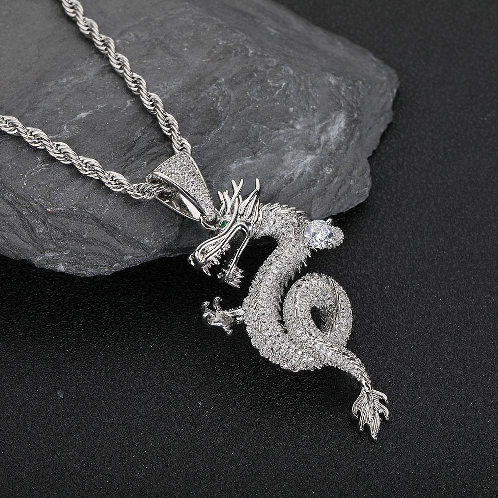 NUOYA Fine Jewelry Iced Out Dragon Design Pendant Silver Plated Chinese Dragon Charm Pendant Unisex Rapper Jewelry
