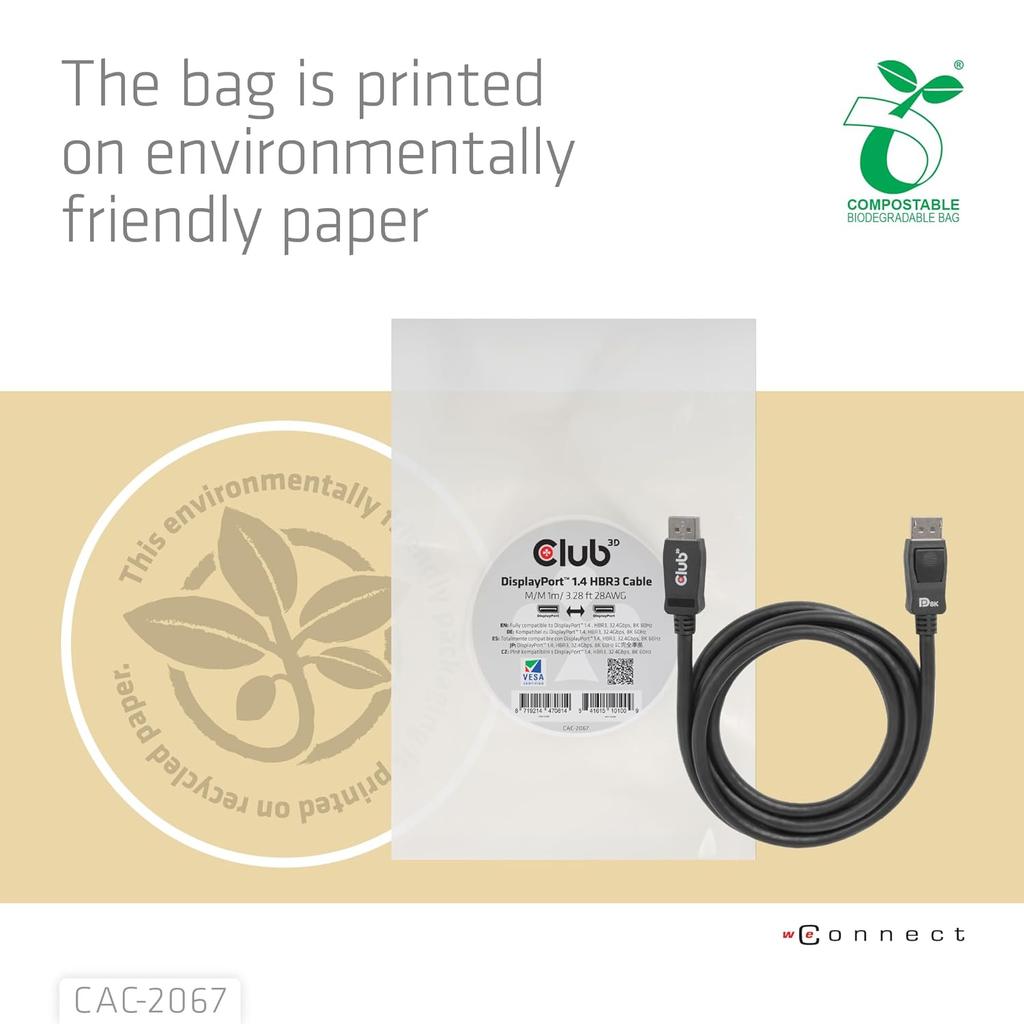 Club3D CAC-2067 VESA Certified DisplayPort to DisplayPort 1.4/Hbr3 M/M Cable DP 1.4 8K 60Hz 1m - 3,28ft