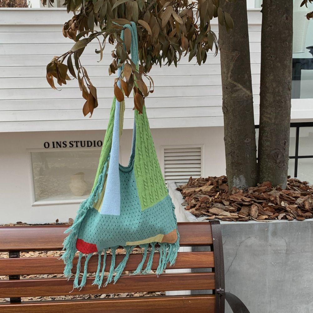 Лоскутная сумка крючком с прорезями, повседневная сумка-тоут для поездок на работу, милая сумочка в стиле бохо для девочек
