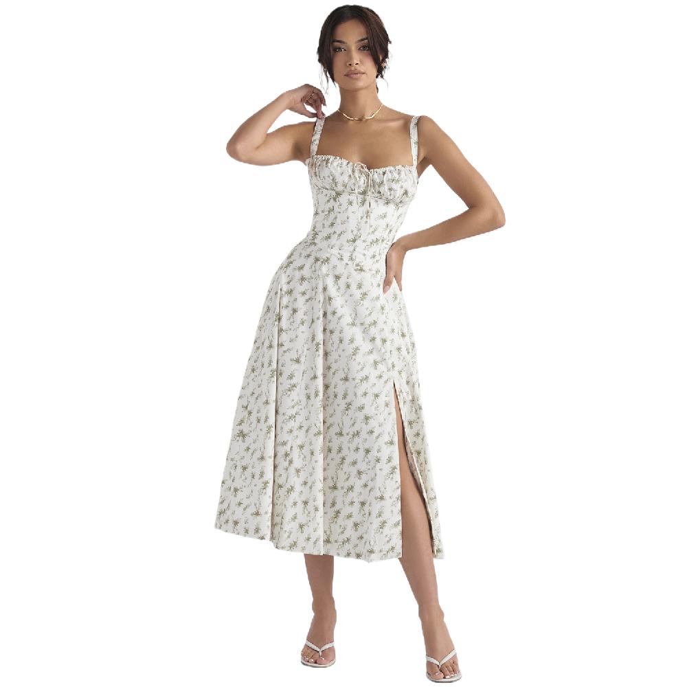 Платье-корсет с цветочным принтом, деревенское платье-корсет, женское платье-корсет миди с струящимся разрезом на бретельках, платье-корсет с цветочным принтом