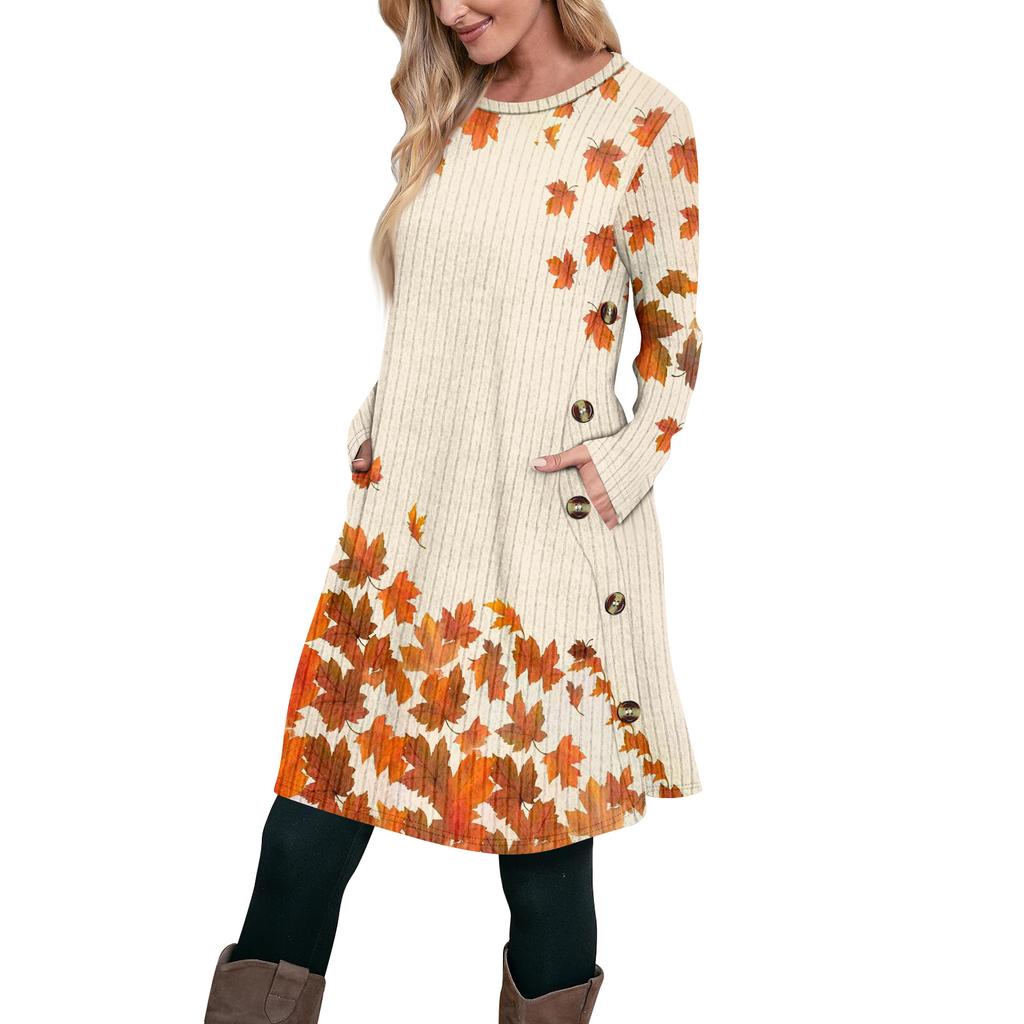 Женское модное повседневное платье-туника с длинным рукавом и карманами, платье с боковыми пуговицами