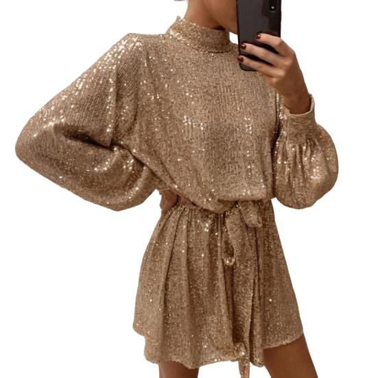 Женское платье со шнуровкой и блестками, короткое платье с круглым вырезом и длинными рукавами, однотонное весенне-осеннее платье с поясом на талии для вечеринок, свадеб, клубов, баров