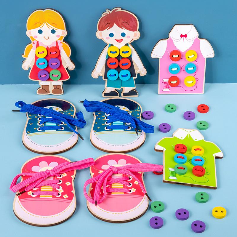 Children's educational string games, wooden clothes buttons to tie shoelaces, baby early education exercise, hands-on brain toys