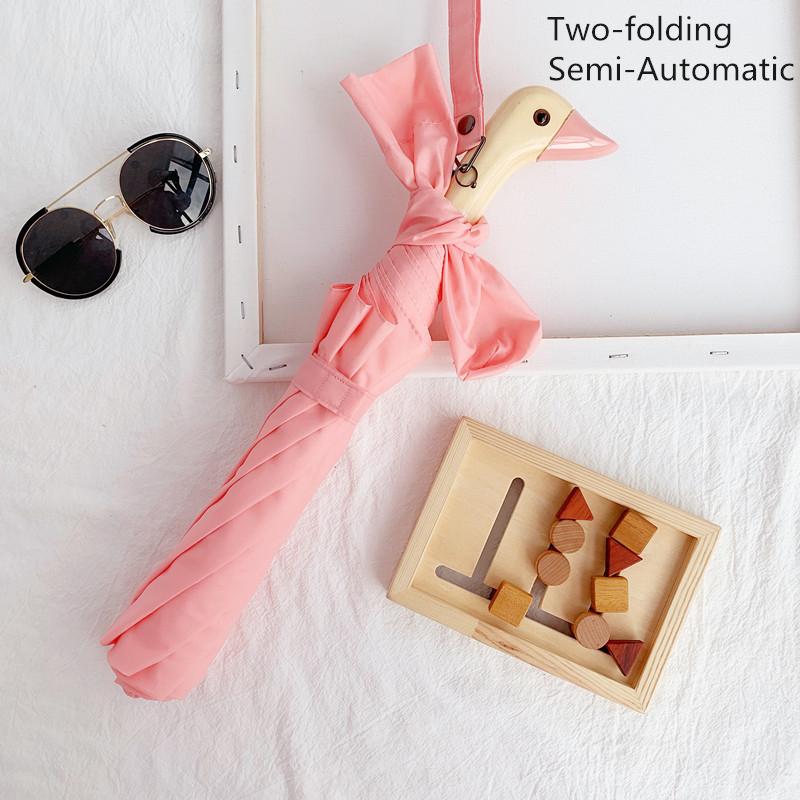 Милый зонт с деревянной ручкой в виде утки, складной, автоматический, с защитой от УФ-лучей, ветрозащитный, с черным покрытием, женский, портативный, солнцезащитный зонт, Академия зонтов