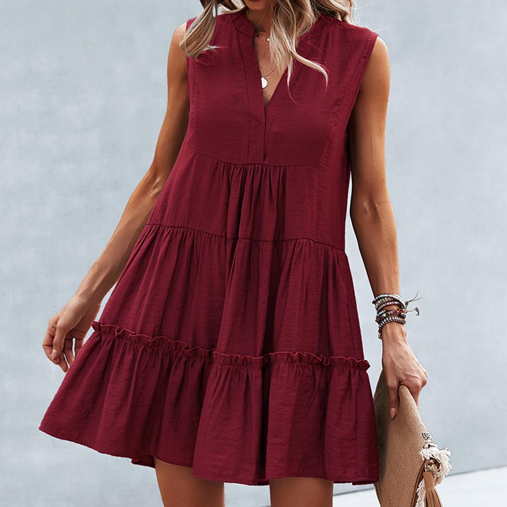 Женские летние повседневные однотонные платья без рукавов с v-образным вырезом Короткие платья для пляжного отдыха