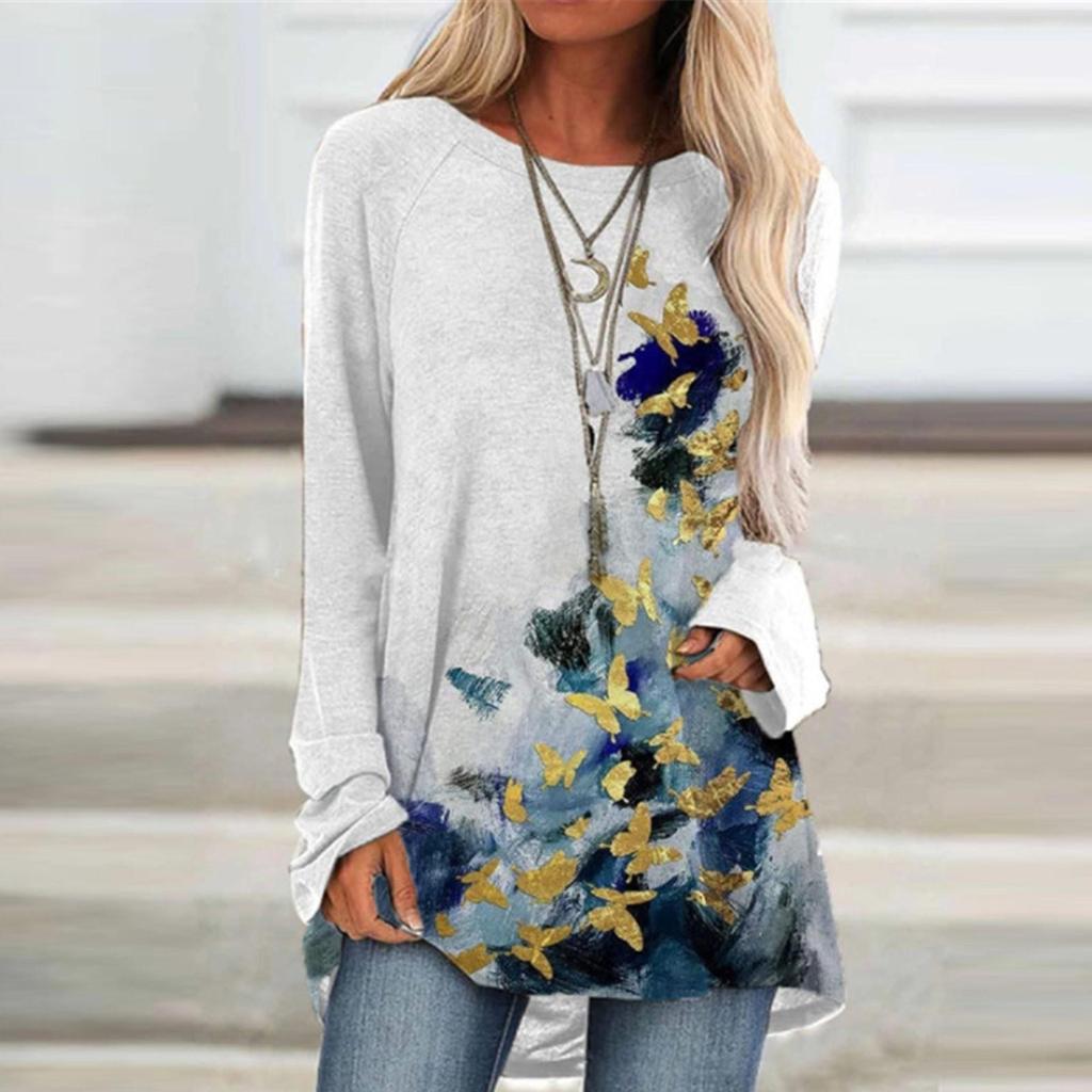 Women's Casual Fashion Creative Print Loose Round Neck Long Sleeve Tops