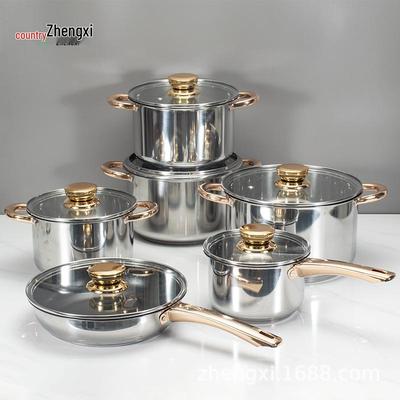 Набор посуды из нержавеющей стали, 12 предметов, с золотыми ручками: Набор кастрюль и сковородок в подарочной упаковке