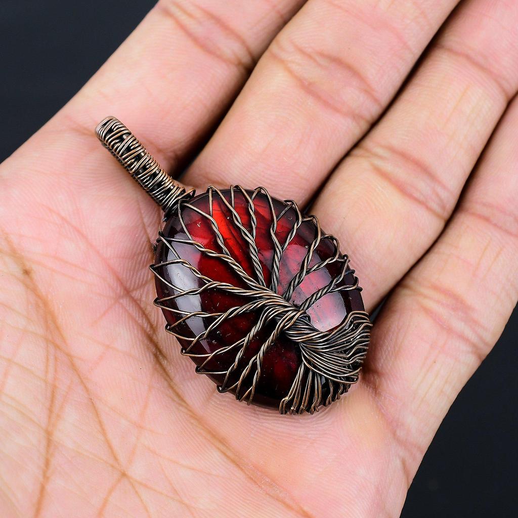 Tree Of Life Red Flash Labradorite Gemstone Pure Copper Wire Wrapped Handmade Pendant Jewelry
