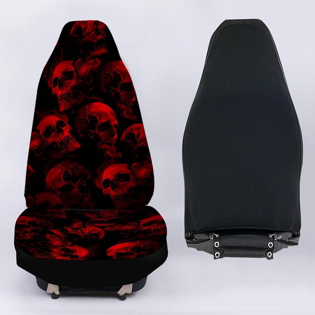 Red Gothic Flame Skull Pattern Auto Seat Cover, Thin Breathable Universal Car Front Seats Accessories Interior Decor 2 Pcs