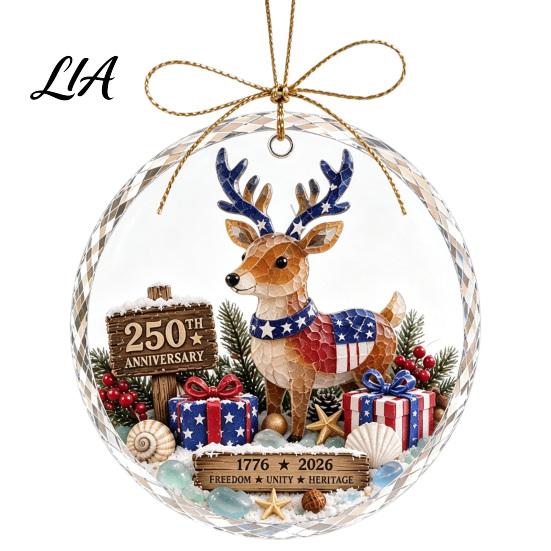 Vintage Christmas Party Supplies 250 Anniversary USA Sea Glass Ornament, 1776-2026 Patriotic Faux Crystal Holiday Season Ornament Clear Keepsake,