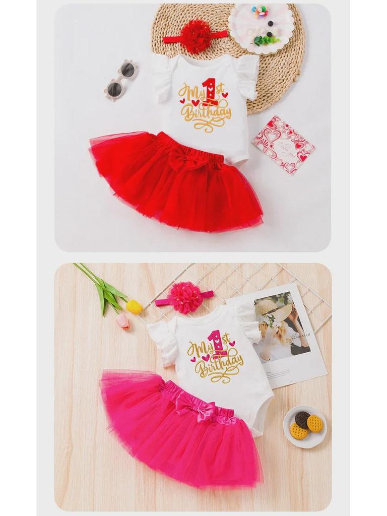 Комплект платьев на первый день рождения корейской девочки: Летняя юбка из вышитой сетки с рукавами-крылышками и аксессуарами для волос