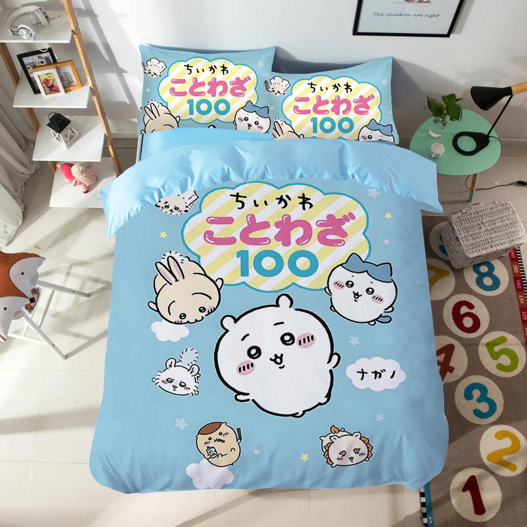 Мультяшный комплект постельного белья с милыми Чиикавами, красочный принт, полиэстер, для студенческого общежития, простыня, пододеяльник, детский подарок, домашний текстиль