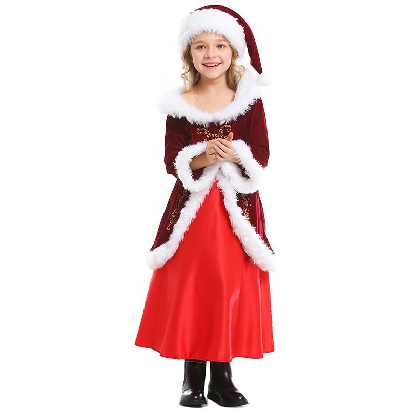 Girls Christmas Party Dress Kids Red Lace Long Gown Stage Performance Family Gathering