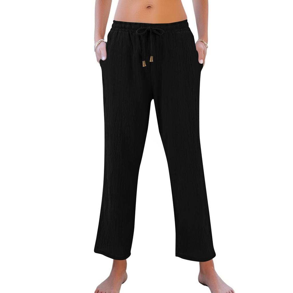 Women's High Waist Adjustable Knot Flowy Cotton And Linen Trousers Wide Leg Pants