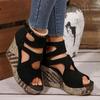 Muffin Woven Bottom Fish Mouth Sandals Women's New Large Size Thick Sole Wedge Sandals Hollow Buckle Fashion Sandals