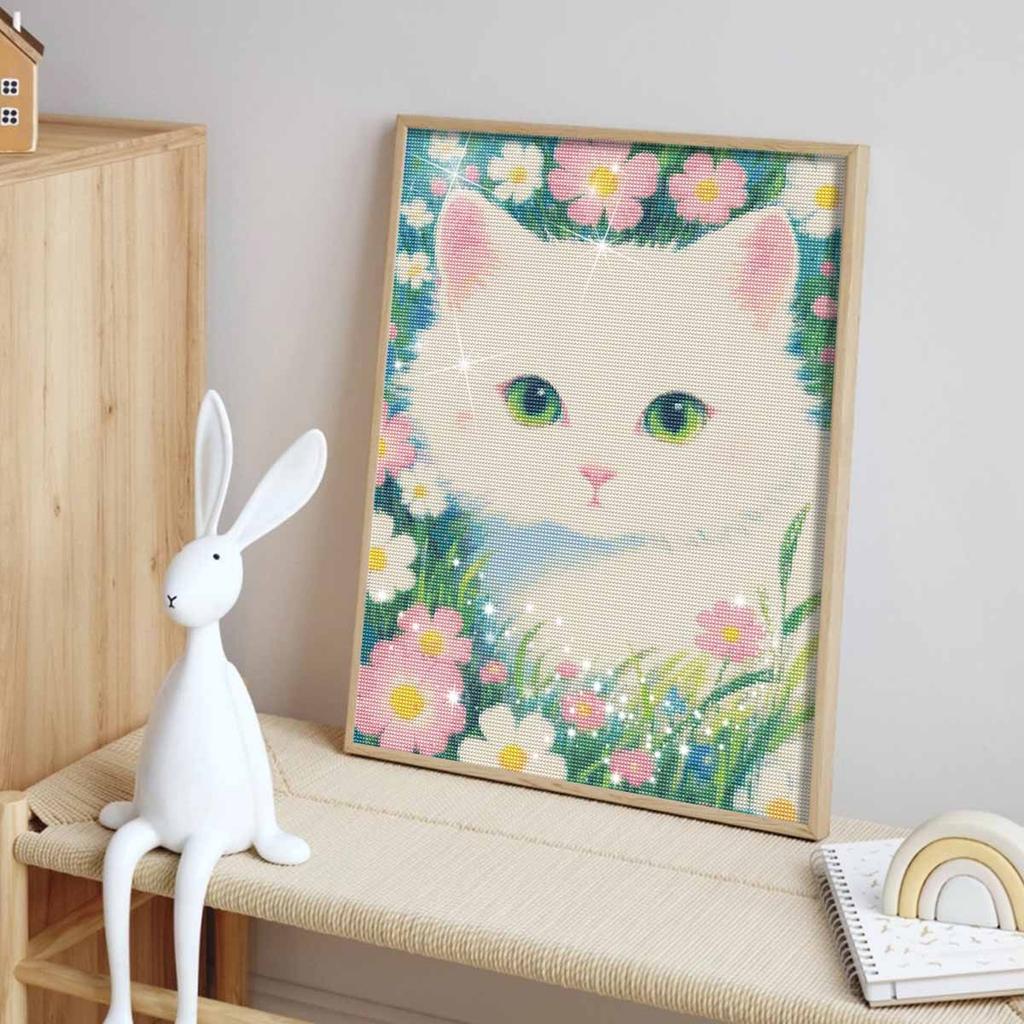 5D full drill round diamond painting set white cat flower living room decoration craft wall art