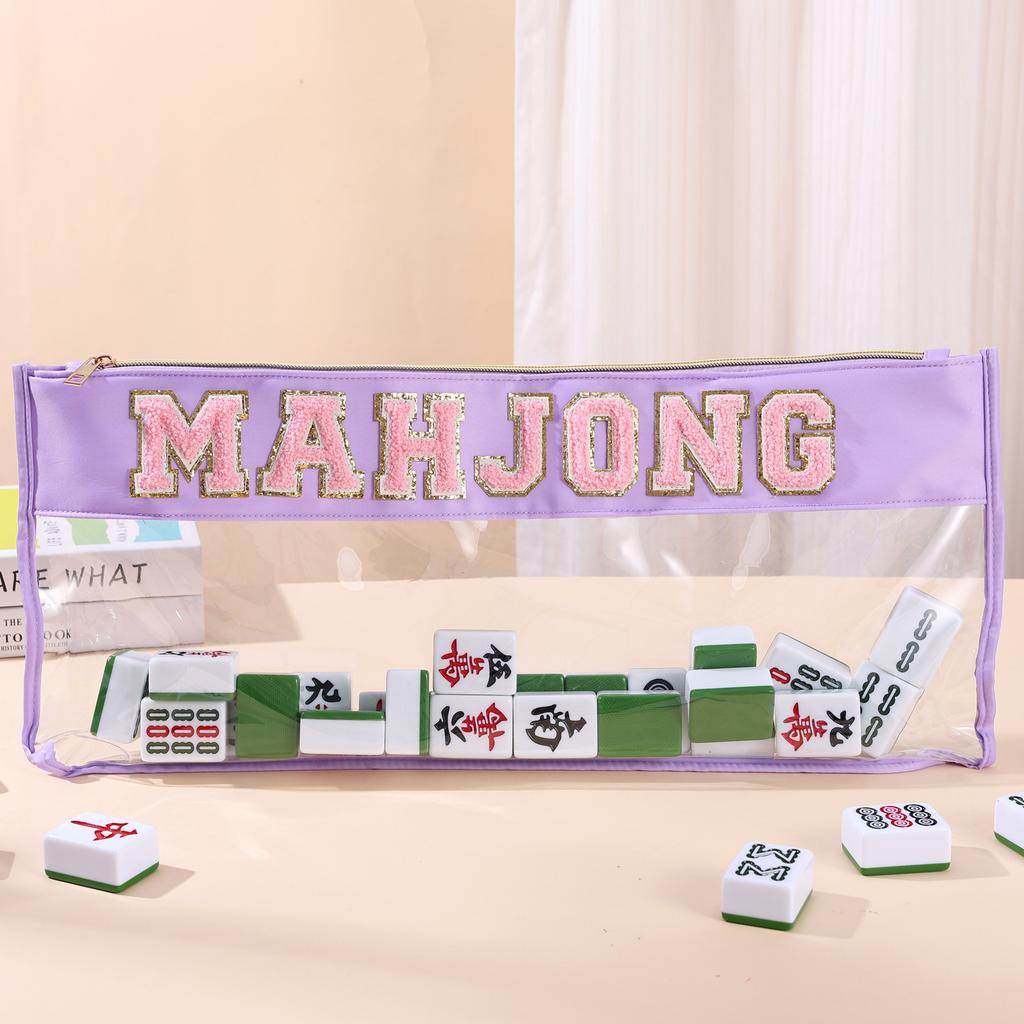 New large-sized mahjong storage bag with embroidered letters, featuring a transparent design and large capacity lo