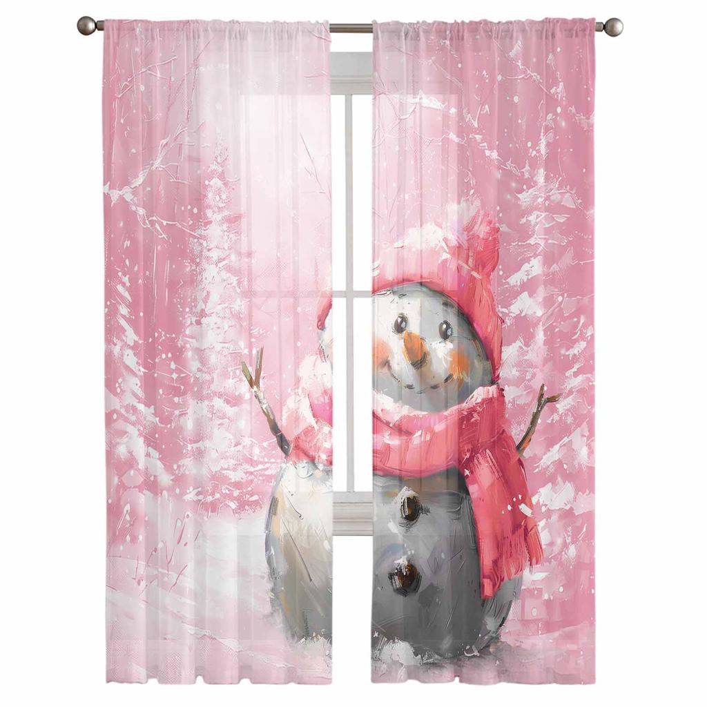 Christmas Tree Snowman Vintage Oil Painting Sheer Curtains Modern Gauze Curtain for Living Room Bedroom Voile Yarn Curtains