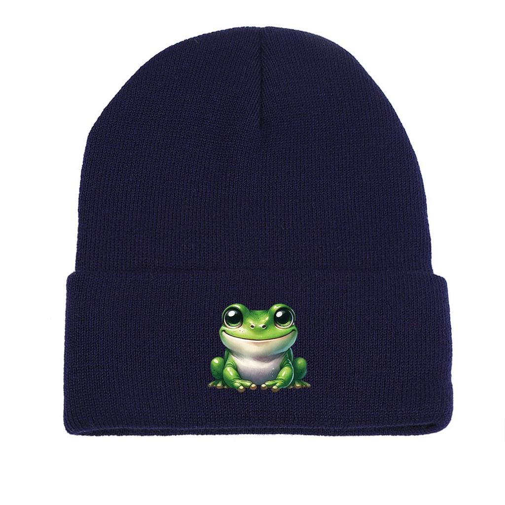 Smiling Frog Warm Knitted Hat Beanie, Woman Cap Cuff Winter Trendy Headwear Knit Cap Beanie