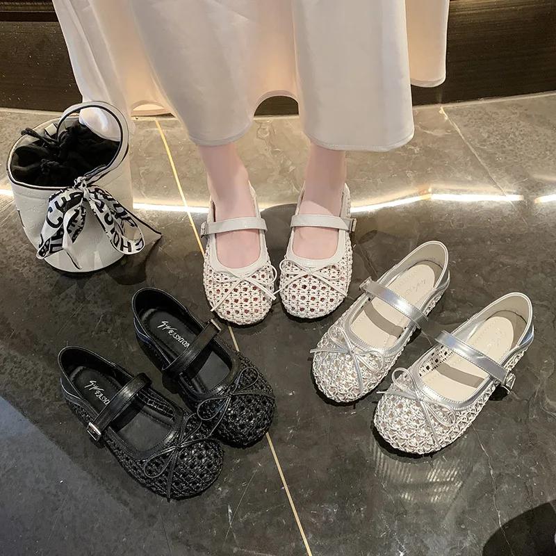 Новые летние дышащие плетеные туфли-слипоны с вырезами для женщин, с бантом-бабочкой, на одинарном ремешке, универсальные, модные Мэри Джейн