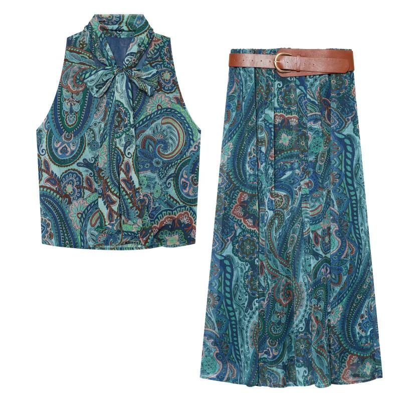 Womens Printed Bow Top Matching Skirt Set Casual Outfit