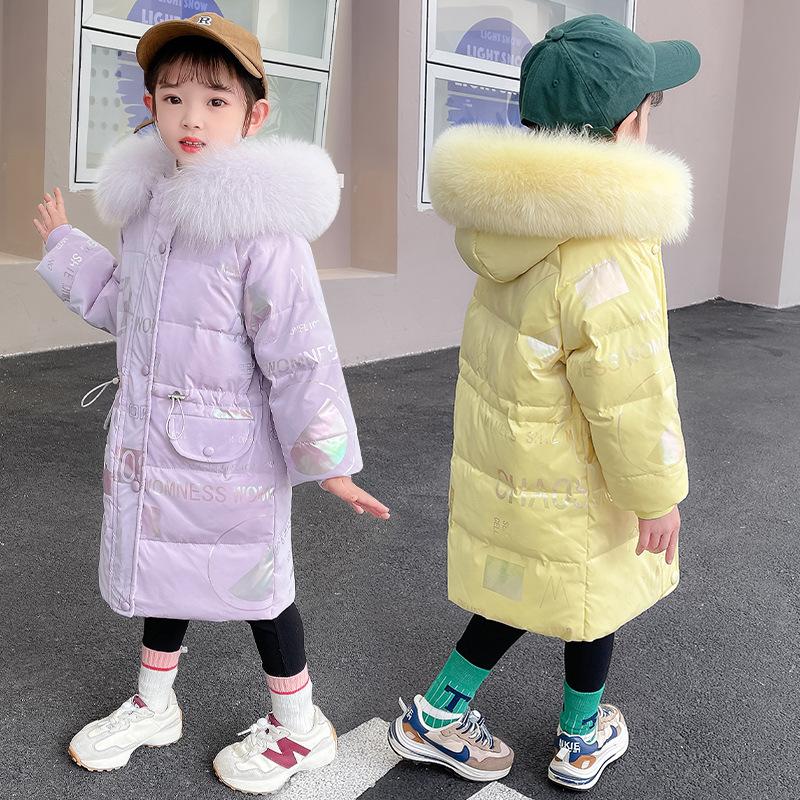 Children's Down Jacket Mid-length Shiny Winter New Style Fashionable Baby Girl Winter White Duck Down Jacket