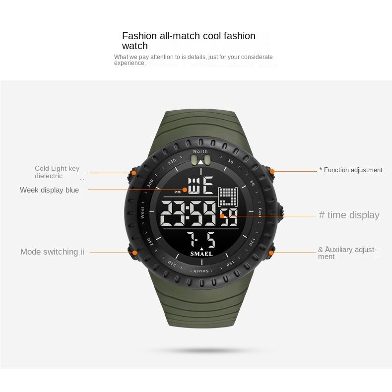 SMAEL Многофункциональные уличные часы Мужские водонепроницаемые спортивные электронные часы Светящиеся часы-будильник