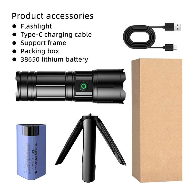 60w Super Bright 200m High Power LED Flashlight Torch Type-c Rechargeable Powerful Outdoor Self Defense Handlamp Camping Lantern