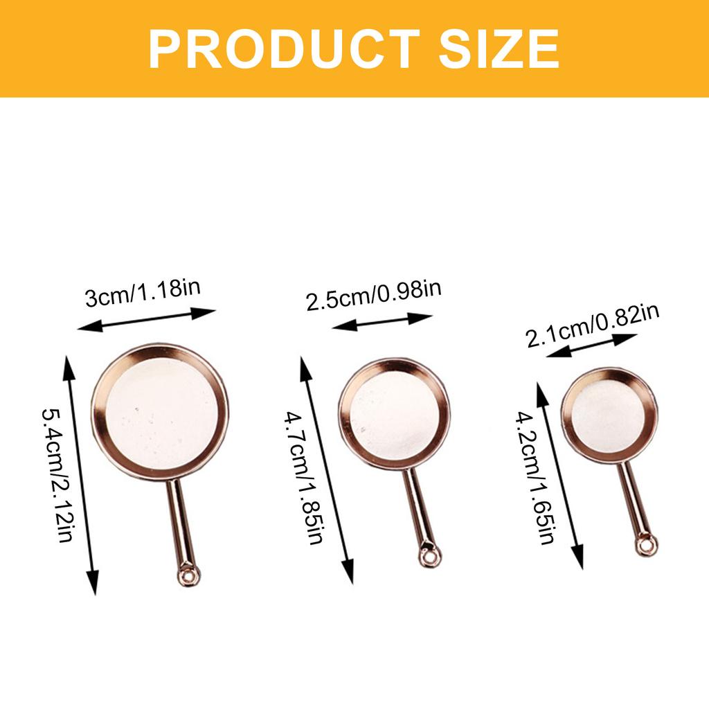 Set Of 3 Miniature Frying Pans For 1/12 Scale Dollhouse Kitchen Display Accessory Craft Project Model Decoration